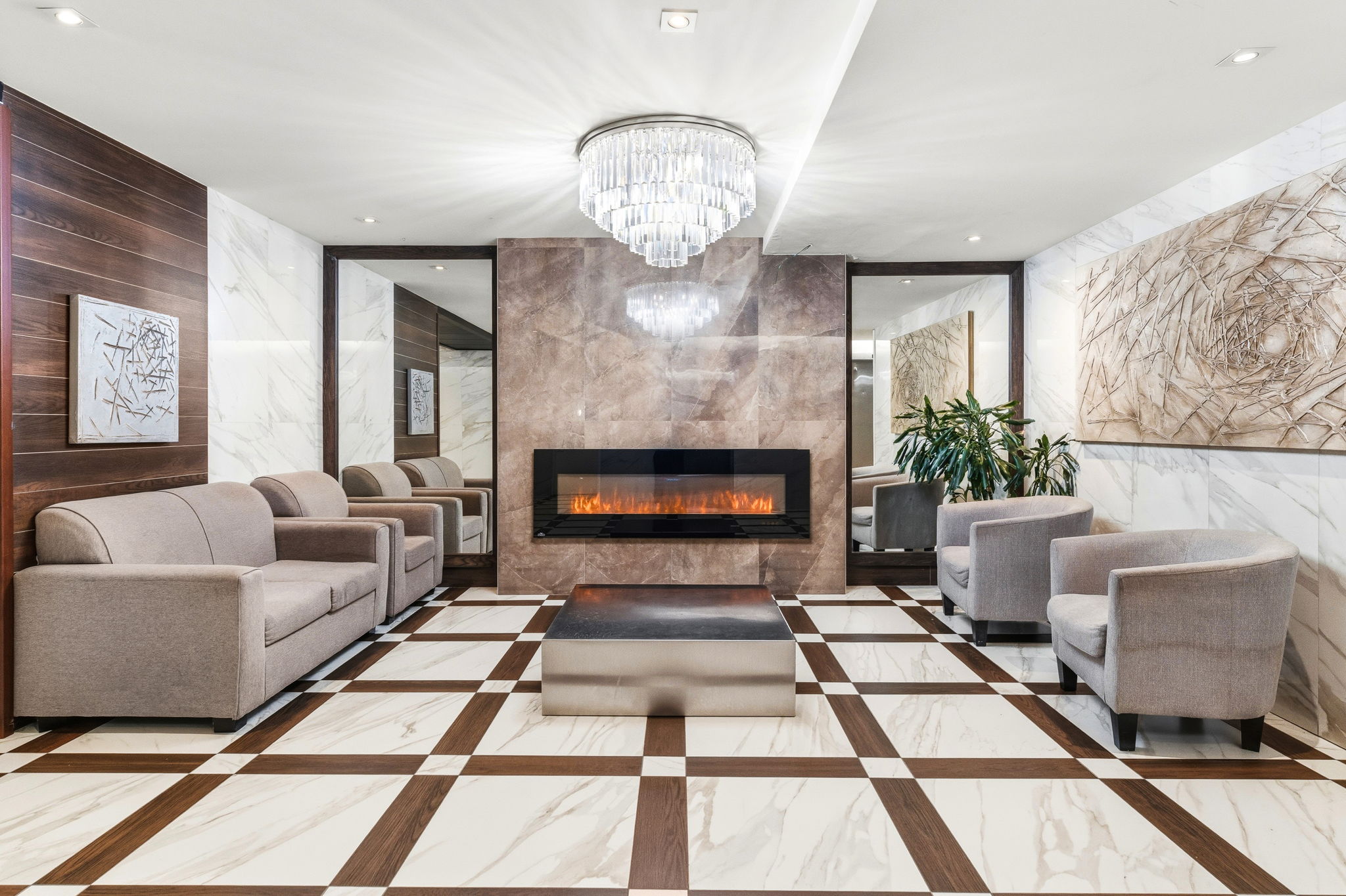 Renovated lobby with fireplace